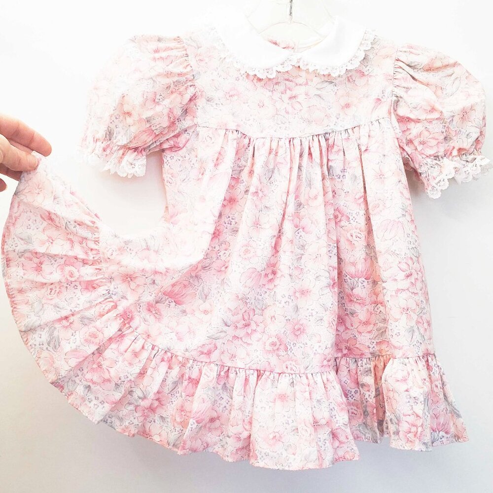 Collections for Children Girls Vintage Pink Floral Ruffle Dress Lace Trim T3